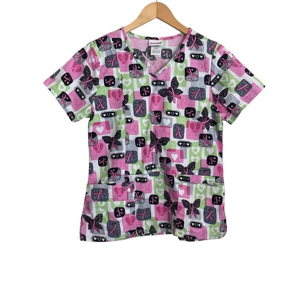 Scrubstar Women Top S Pink Uniform Medical Nurse Pattern Breast Cancer Awareness - Picture 1 of 9